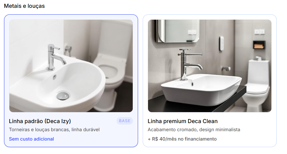 Opções de metais e louças
